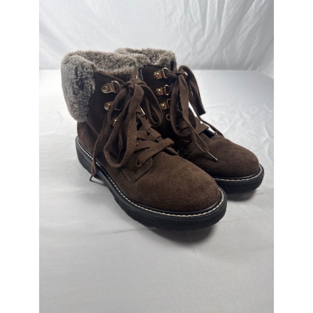 Bandolino Brown Suede Faux Fur Collar Lace‎ Up Ankle Boots Size 5.5M